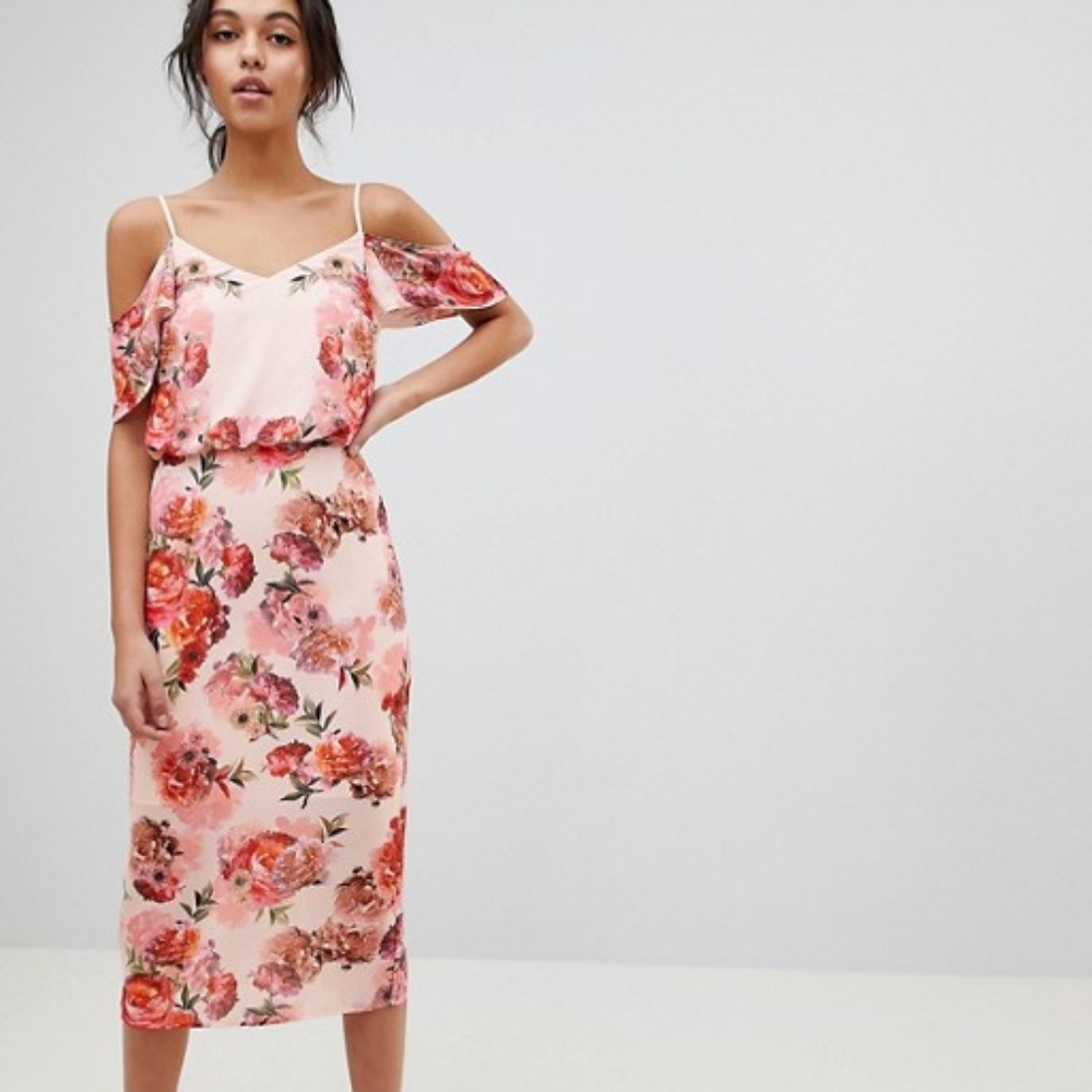 Oasis Spring Floral Print Cold Shoulder Pink Dress - Picture 1 of 3